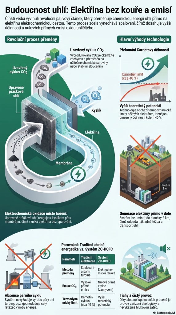 Infografika s názvem „Budoucnost uhlí: Elektřina bez kouře a emisí“. Zobrazuje model palivového článku přeměňujícího chemickou energii uhlí na elektřinu bez spalování. Levá sekce ukazuje proces: upravené práškové uhlí a kyslík reagují přes membránu za vzniku elektřiny, přičemž vyprodukované CO₂ je odváděno v uzavřeném cyklu. Pravá sekce vizualizuje hlavní výhody: překonání limitu Carnotovy účinnosti (standardně kolem 40 %) a možnost generace elektřiny přímo v dole (ilustrace zařízení v hloubce 2 km). Spodní část obsahuje porovnávací tabulku. Uvádí, že systém ZC-DCFC na rozdíl od tradiční elektrárny funguje na bázi elektrochemické reakce, nemá přímé emise, obchází Carnotův cyklus, postrádá parní turbínu a vyznačuje se tichým provozem.