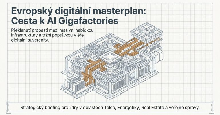Slide 1: Evropský digitální masterplan: Cesta k AI Gigafactories. Překlenutí propasti mezi masivní nabídkou infrastruktury a tržní poptávkou v éře digitální suverenity. Strategický briefing pro lídry v oblastech Telco, Energetiky, Real Estate a veřejné správy.