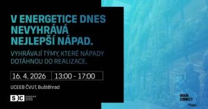 Slide 4: V ENERGETICE DNES NEVYHRÁVÁ NEJLEPŠÍ NÁPAD. VYHRÁVAJÍ TÝMY, KTERÉ NÁPADY DOTÁHNOU DO REALIZACE. 16.4.2026 13:00 - 17:00 UCEEB ČVUT, Buštěhrad. Loga: SIC STŘEDOČESKÉ INOVAČNÍ CENTRUM, BRAIN CONNECT Prague.