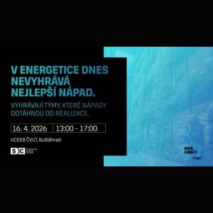 Slide 4: V ENERGETICE DNES NEVYHRÁVÁ NEJLEPŠÍ NÁPAD. VYHRÁVAJÍ TÝMY, KTERÉ NÁPADY DOTÁHNOU DO REALIZACE. 16.4.2026 13:00 - 17:00 UCEEB ČVUT, Buštěhrad. Loga: SIC STŘEDOČESKÉ INOVAČNÍ CENTRUM, BRAIN CONNECT Prague.