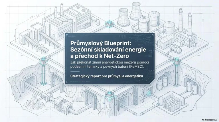 Slide 2: Titulní strana „Průmyslový Blueprint: Sezónní skladování energie a přechod k Net-Zero“. Strategický report pro průmysl a energetiku představuje způsoby, jak překonat zimní energetickou mezeru pomocí podzemní termiky a pevných baterií.