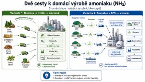 Infografika s názvem "Dvě cesty k domácí výrobě amoniaku (NH₃) - Srovnání dvou možných výrobních konceptů". Varianta 1 (Biomasa → vodík → amoniak) ukazuje svoz lesních a zemědělských zbytků, dřevního, zeleného a organického odpadu nákladními vozy do integrovaného závodu. Zde probíhá zpracování odpadní biomasy, výroba 30 000 t vodíku (H₂) za rok a následná výroba domácího amoniaku. Varianta 2 (Biometan z BPS → amoniak) znázorňuje několik bioplynových stanic (BPS), které jsou pro tento účel vhodné z důvodu chybějícího vtláčecího bodu. Odtud je biometan dopravován cisternami nebo místním plynovodem do stávající chemičky s výrobou NH₃, nebo do nové NH₃ jednotky. V dolním panelu je shrnut hlavní rozdíl: 1. Biomasa se sváží do integrovaného závodu. 2. Biometan z více BPS se dopravuje do centrální chemičky.